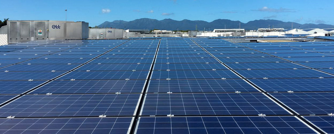 Photovoltaic panels on the roof of a shopping mall