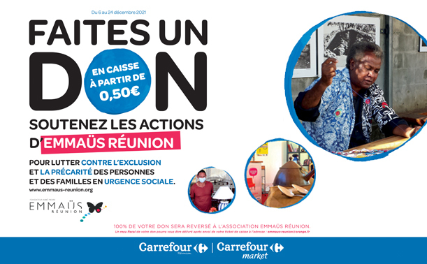 Donation poster to be displayed at the Carrefour Réunion checkout to support Emmaüs Réunion's initiatives